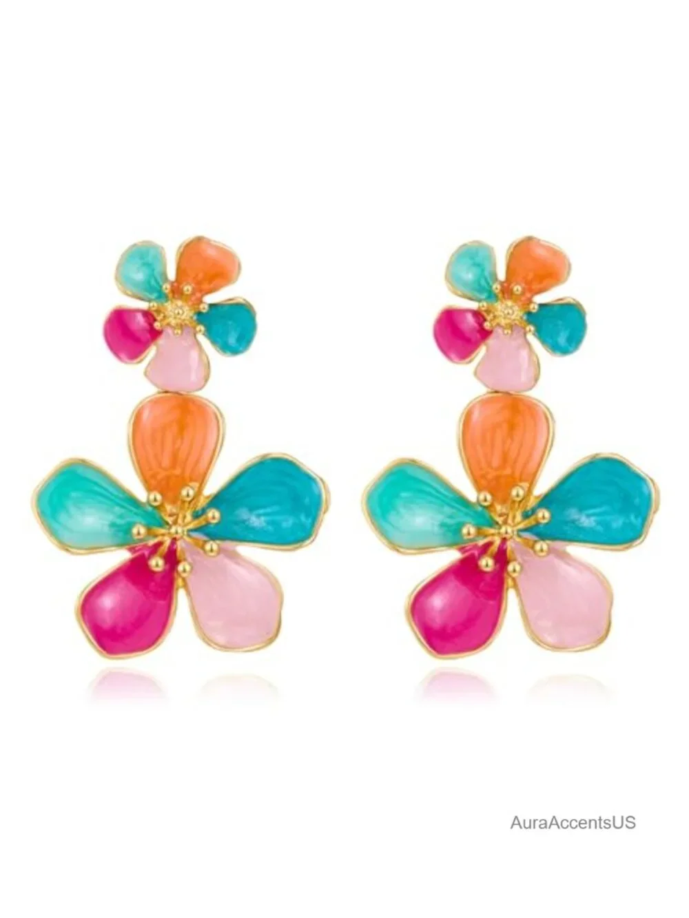 Hand-Painted Enamel Flower Drop Earrings Double Floral Statement Dangle